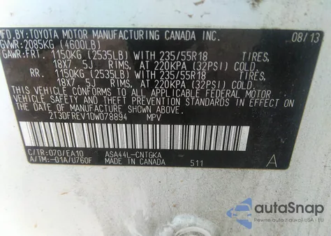 2013 Toyota Rav4 Limited из США, поврежденный, VIN 2T3DFREV1DW078894